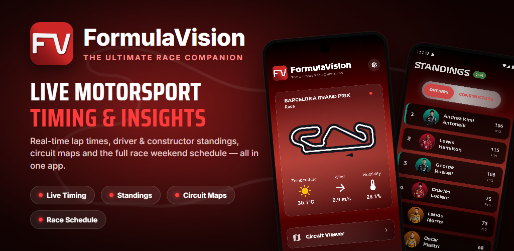 FormulaVision app — live timing, standings, circuit maps and schedule